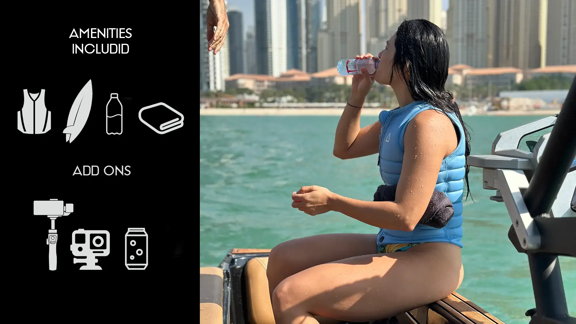 infogramic showing information next to a girl drinking water on a boat